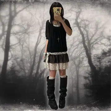 00s 다크 코어 다크 코켓 페어리 그런지 레이스 리본 원피스
