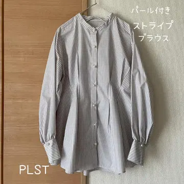 [ 새상품급 ] PLST 페플럼 블라우스 펄 버튼 스트라이프 블라우스