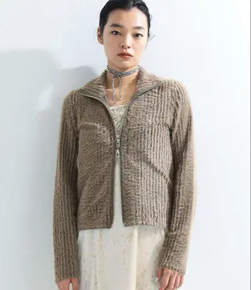 Ray BEAMS 샤기 하이넥 지퍼 가디건