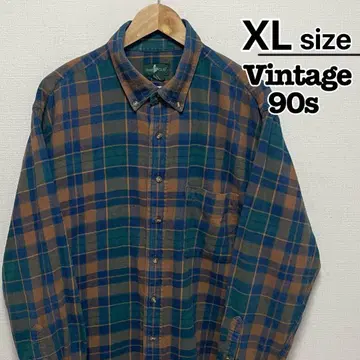 90s USA 구제 의류 플란넬 셔츠 XL 그린 브라운 체크 하트 클럽