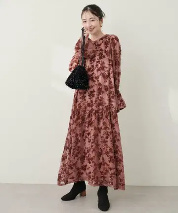 natural couture 시어 벨로아 꽃무늬 절개 원피스