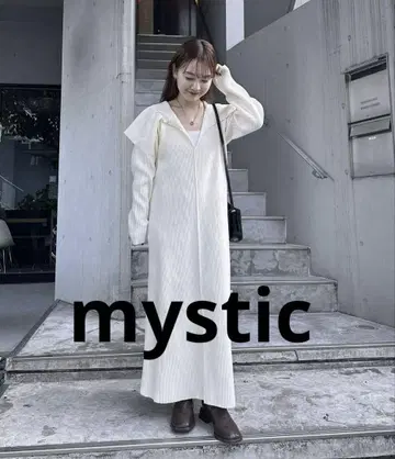 mystic 니트 롱 원피스 큰 카라 부착 니트 원피스 세일 새상품