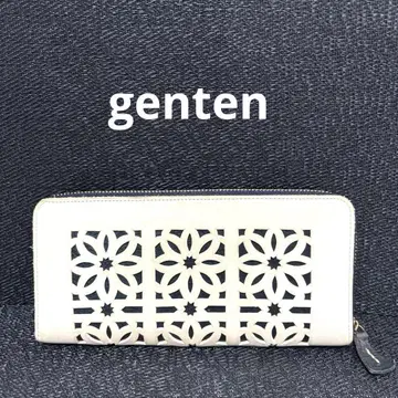 레어 genten 겐텐 컷워크 라운드 지퍼 장지갑 화이트 x 블랙