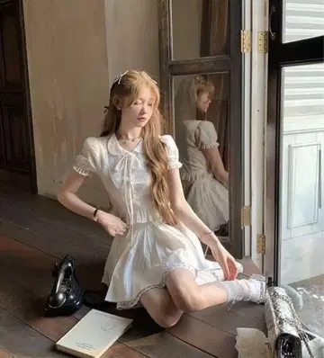 화이트 미니 원피스 셋업 반팔 리본 포함