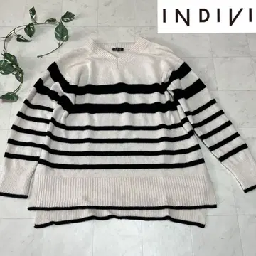 INDIVI 인디비 스트라이프 V넥 스웨터 캐시미어 혼방