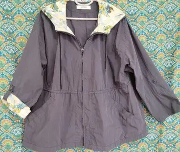 그레이 네이비 안감 플라워 무늬 후드 아우터