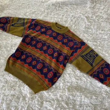 B.V.D 기하학 패턴 올리브 그린 스웨터 M 사이즈 80년대