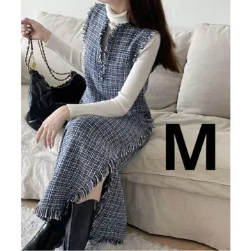 [ 새상품급 ] 트위드 사이드 슬래시 프린지 V넥 원피스 M 체형 커버