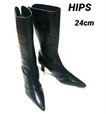 새상품급 HIPS 블랙 롱 부츠 핑힐 가죽 24cm