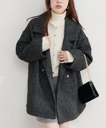 내추럴 쿠튀르 헤링본 미들 기장 코트 그레이