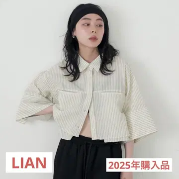 LIAN / 스트라이프 하프 슬리브 숏 셔츠 반팔 아이보리