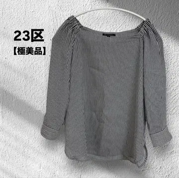 23구 스트라이프 7부 소매 블라우스 스퀘어넥 M 워셔블