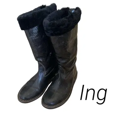 ing 블랙 가죽 퍼 달린 롱 부츠 롱 부츠 에나멜 페이턴트