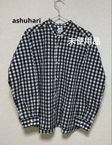 ashuhari 밴드 카라 A라인 셔츠 블랙 깅엄 체크 미사용품