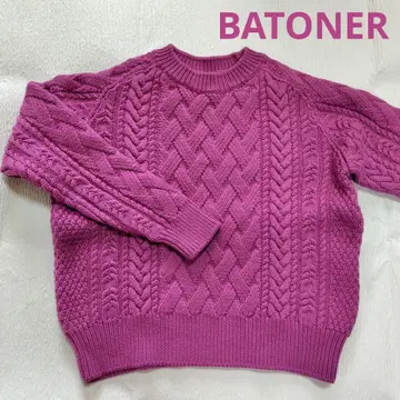 BATONER 케이블 짜임 니트 스웨터 보라색 울 100% 아란
