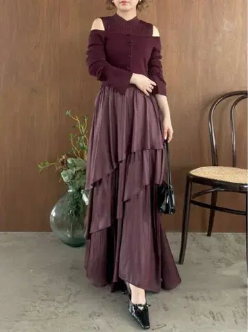 [세트 판매] 아지메 티어드 콤비 니트 원피스 크롭 가디건