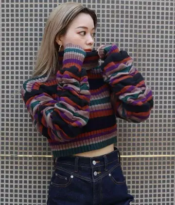EVRIS 멀티 보더 개더 터틀 니트탑