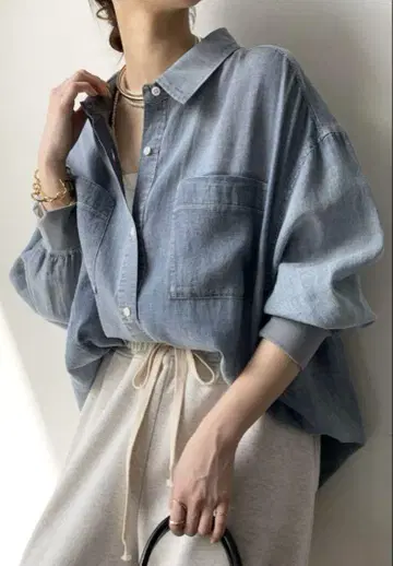 DOUDOU 소매 리브 시어 데님 셔츠