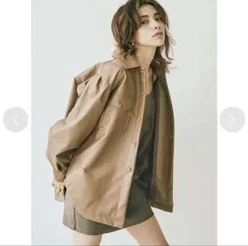 EVRIS 에코 가죽 볼륨 슬리브 자켓 브라운