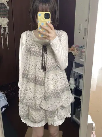튜닉 꽃무늬 슬리브리스 프릴 리본