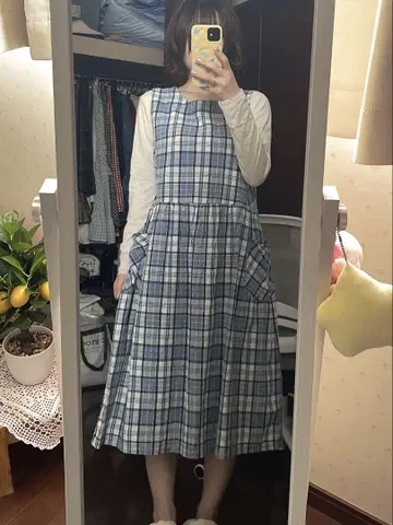 스카이블루 체크 슬리브리스 원피스 레트로 버튼