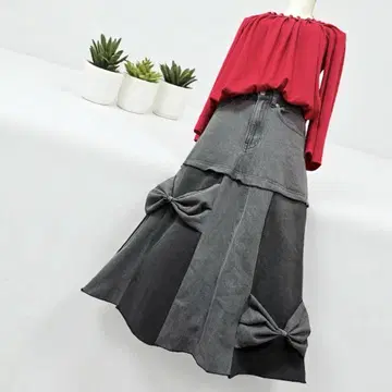 데님 리메이크 플레어 스커트 리본 패치 멋지고 귀여운 업사이클 D1