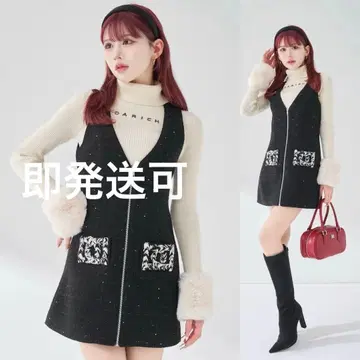 다리치 프론트 지퍼 트위드 미니 원피스