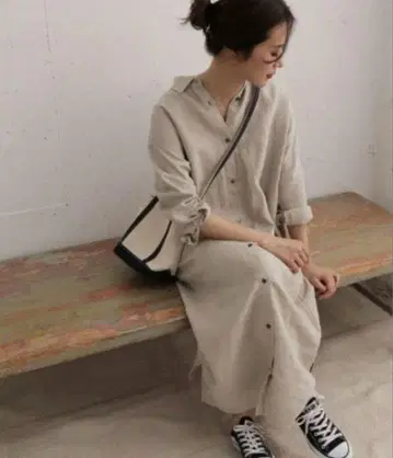 어반 리서치 도어스 린넨 롱 셔츠 원피스 베이지