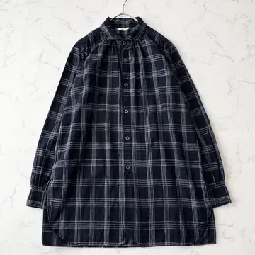 45R 코튼 셔츠 인디고 염색 튜닉 체크 개더 겉옷