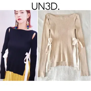 UN3D. 사이드 테이프 니트 탑 베이지 아쓰리드 긴팔 컷 아웃