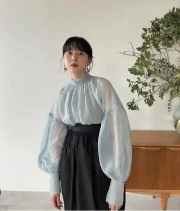 [ CLANE ] 스카이블루 시스루 퍼프 슬리브 블라우스