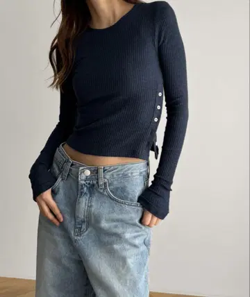 CANA JEAN 사이드 버튼 리브 롱T