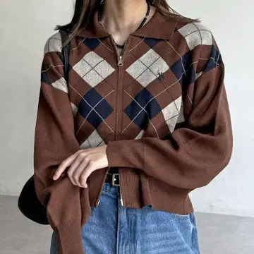 CPCM 카라 부착 지퍼 가디건 브라운