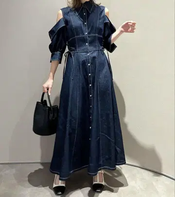 dazzlin 오픈 숄더 데님 스티치 원피스