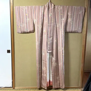 워셔블 기모노, 새상품급, 코몬 핑크 계열 스트라이프 꽃무늬 자수