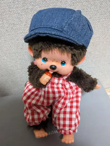 몬치치풍? S 사이즈 앉은 자세 빨간 체크 오버롤 데님 모자