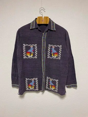 60s 과테말라 셔츠 진품 컬러 퍼플 빅 레어 고양이 눈 버튼