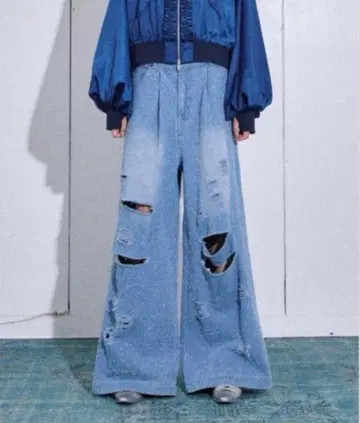 Wide straight damage nep denim pants