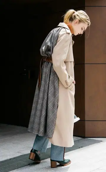 AMERI 아메리 트렌치코트 백 체크 무늬 벨트 포함 브라운