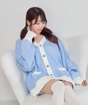 rosemuse 고양이 자수 가디건 스카이블루
