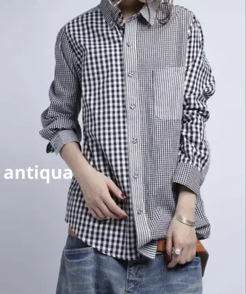 antiqua 좌우 비대칭 깅엄 & 스트라이프 패치워크풍 셔츠