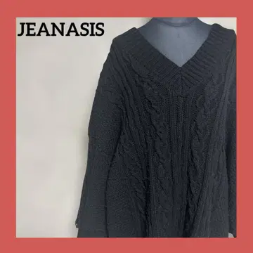 JEANASIS 케이블 니트 V넥 블랙 F 오버 사이즈