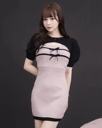 pium 리본 테이프 레이어드 반팔 니트 원피스