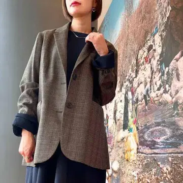 브라운 체크 무늬 테일러드 자켓