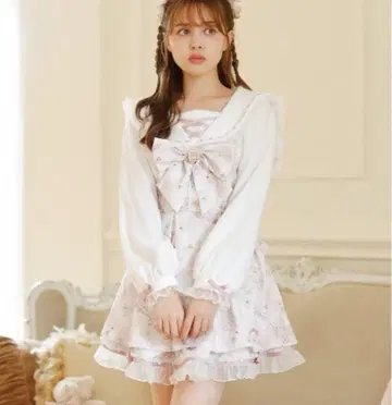 LIZLISA sewing bear 패턴 셋업 화이트