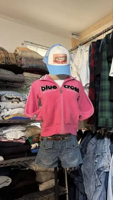 BLUE CROSS 지퍼 후드티 헤이세이 갸루 해외 걸 플리스 겉옷