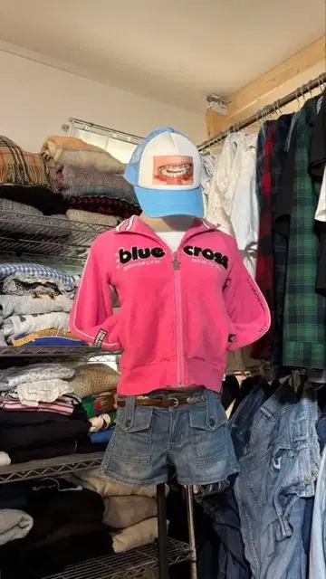 BLUE CROSS 지퍼 후드티 헤이세이 갸루 해외 걸 플리스 겉옷