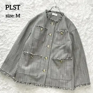 컨디션 최상 PLST 플라스테 트위드 노카라 자켓 골드 버튼 그레이 M
