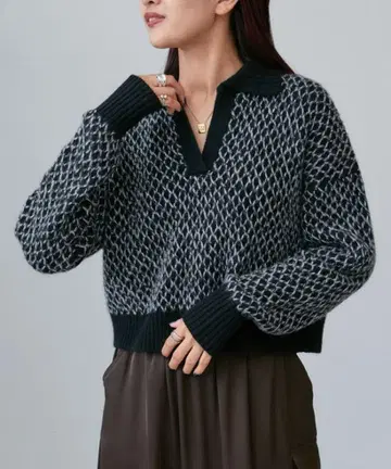 Lui's femme 격자 무늬 폴로 니트 풀오버 블랙