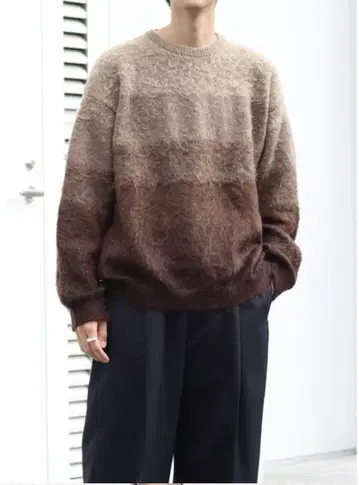 YOKE 모헤어 보더 크루넥 스웨터 브라운